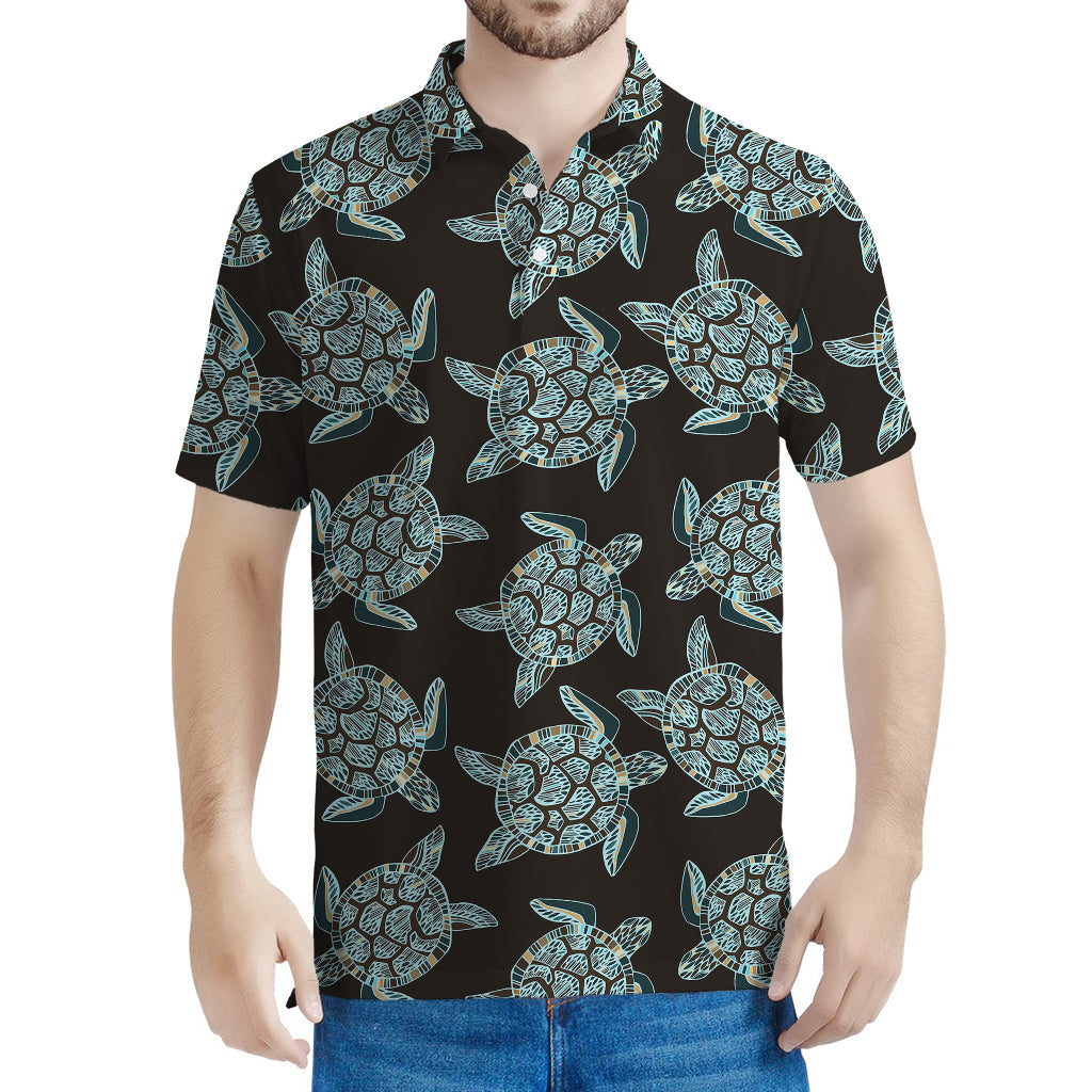 Blue And Black Sea Turtle Pattern Print Men's Polo Shirt