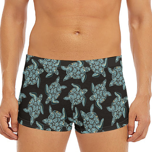 Blue And Black Sea Turtle Pattern Print Men's Short Boxer Briefs
