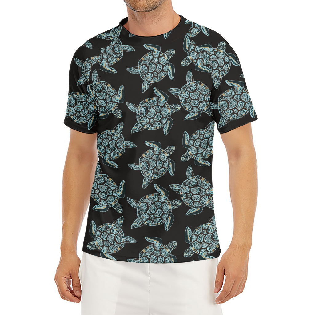 Blue And Black Sea Turtle Pattern Print Men's Short Sleeve Rash Guard