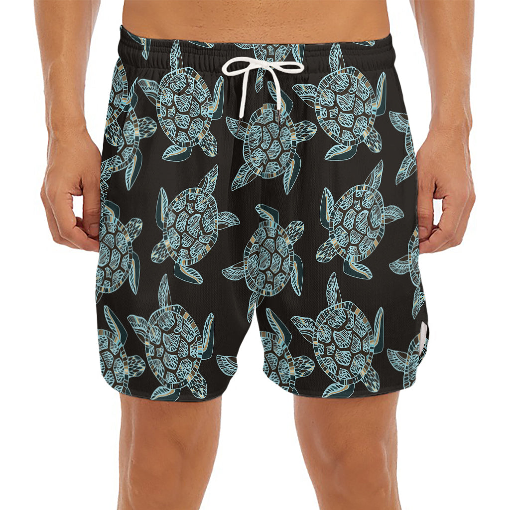 Blue And Black Sea Turtle Pattern Print Men's Split Running Shorts