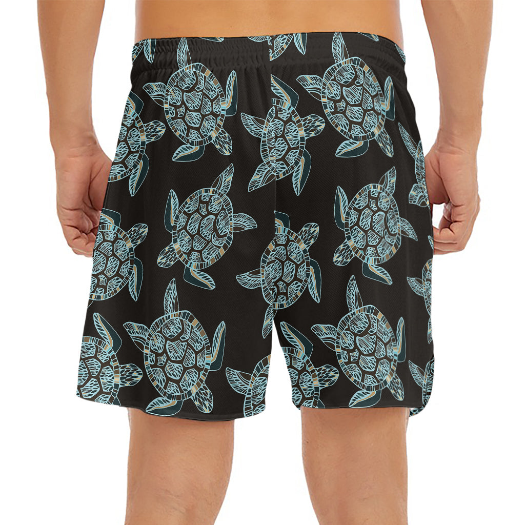 Blue And Black Sea Turtle Pattern Print Men's Split Running Shorts