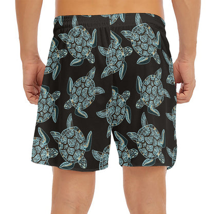 Blue And Black Sea Turtle Pattern Print Men's Split Running Shorts