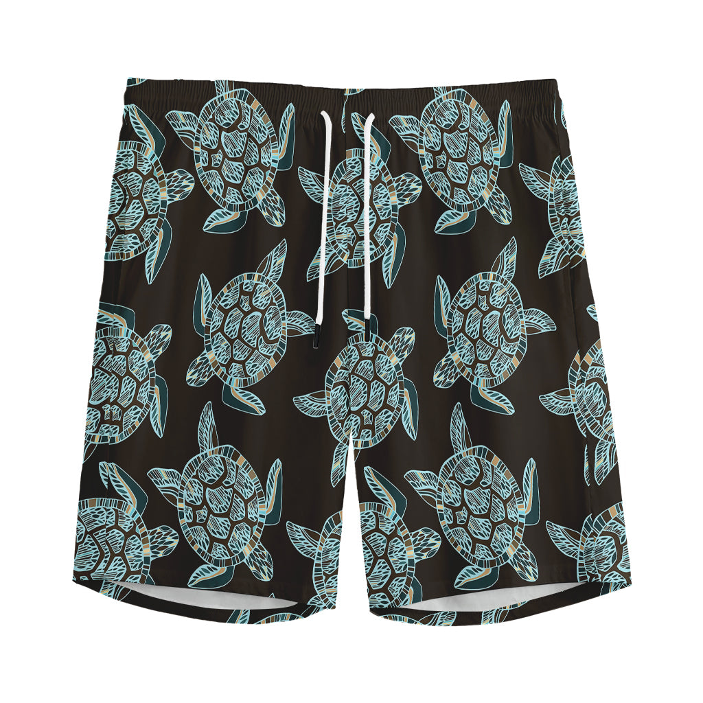Blue And Black Sea Turtle Pattern Print Men's Sports Shorts