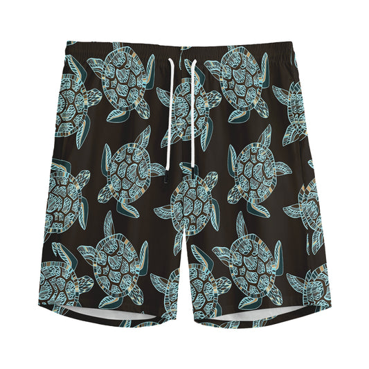 Blue And Black Sea Turtle Pattern Print Men's Sports Shorts