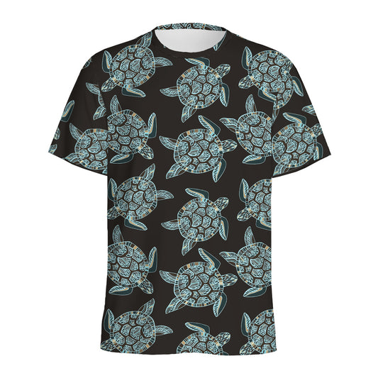 Blue And Black Sea Turtle Pattern Print Men's Sports T-Shirt