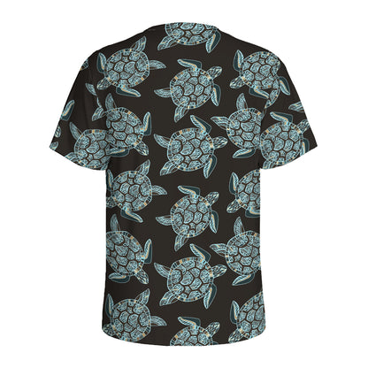 Blue And Black Sea Turtle Pattern Print Men's Sports T-Shirt