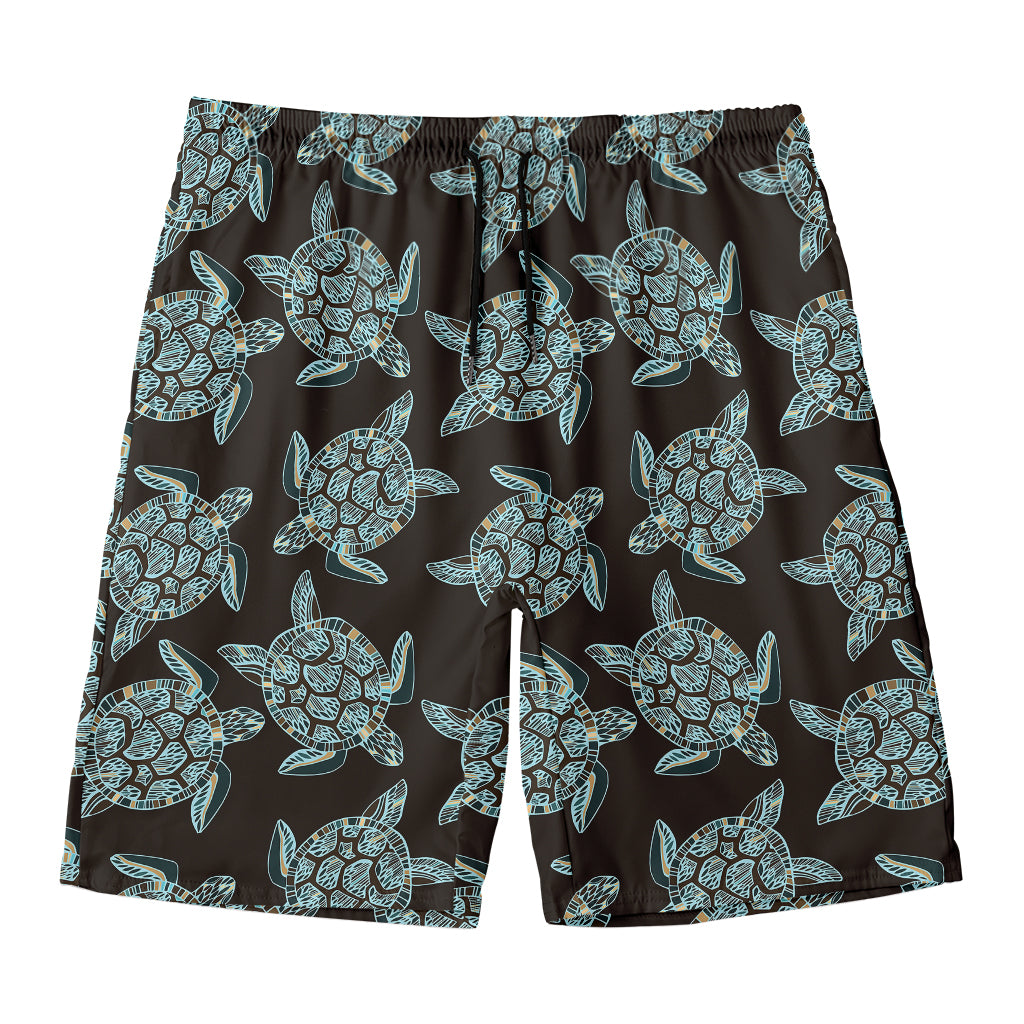 Blue And Black Sea Turtle Pattern Print Men's Swim Trunks