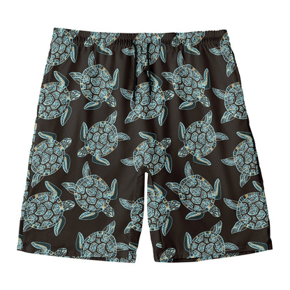 Blue And Black Sea Turtle Pattern Print Men's Swim Trunks