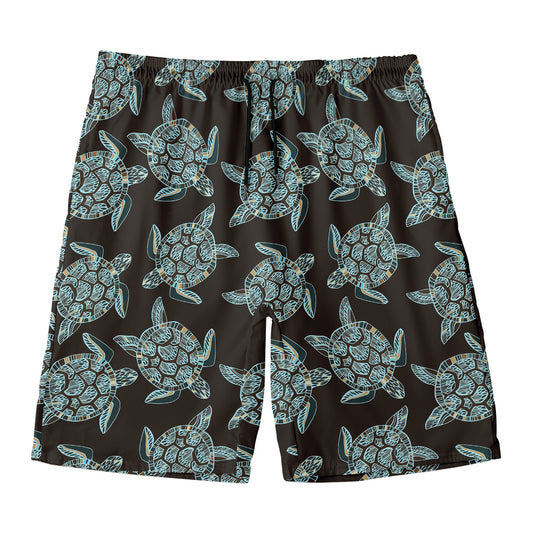 Blue And Black Sea Turtle Pattern Print Men's Swim Trunks
