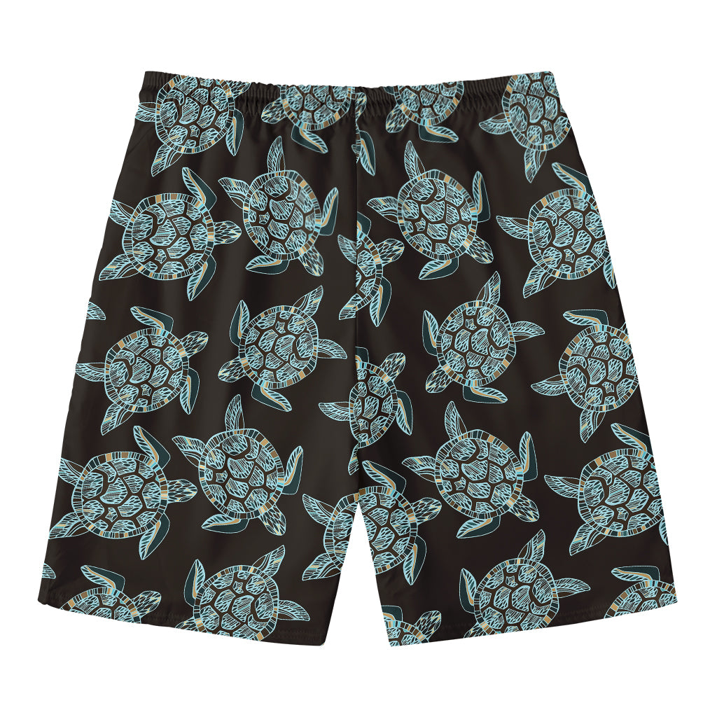 Blue And Black Sea Turtle Pattern Print Men's Swim Trunks