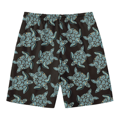 Blue And Black Sea Turtle Pattern Print Men's Swim Trunks