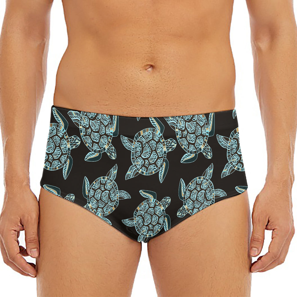 Blue And Black Sea Turtle Pattern Print Men's Triangle Swim Briefs