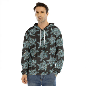 Blue And Black Sea Turtle Pattern Print Men's Velvet Pullover Hoodie