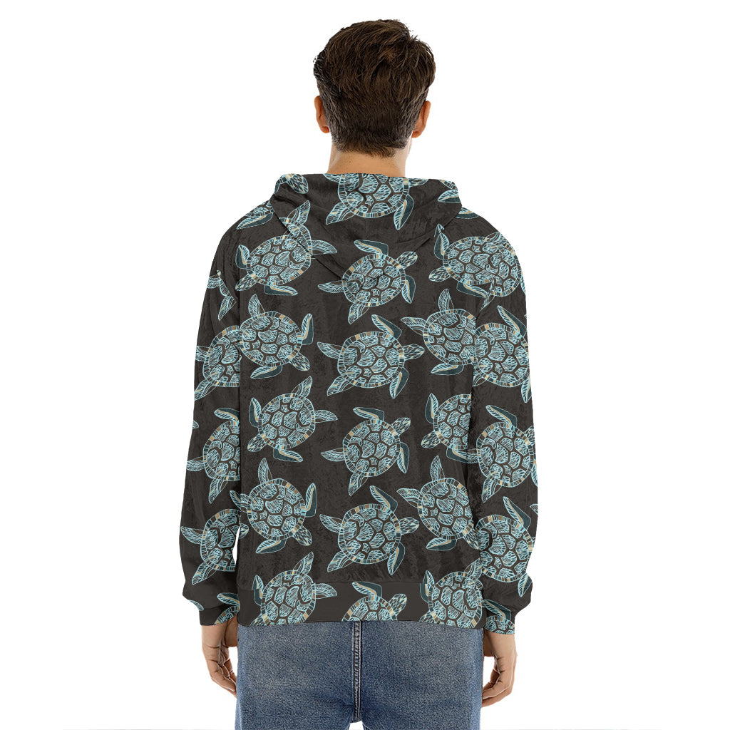 Blue And Black Sea Turtle Pattern Print Men's Velvet Pullover Hoodie