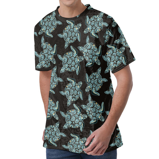 Blue And Black Sea Turtle Pattern Print Men's Velvet T-Shirt