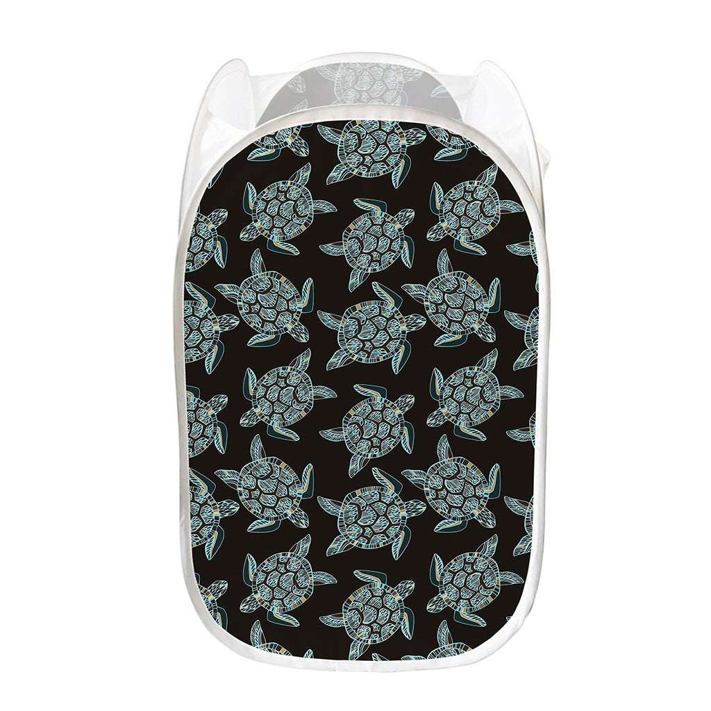 Blue And Black Sea Turtle Pattern Print Mesh Laundry Hamper