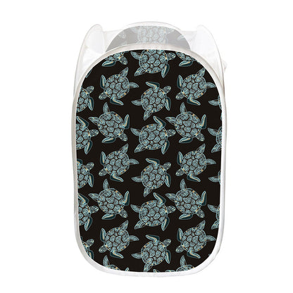 Blue And Black Sea Turtle Pattern Print Mesh Laundry Hamper