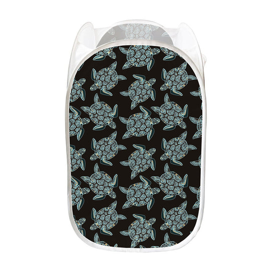 Blue And Black Sea Turtle Pattern Print Mesh Laundry Hamper