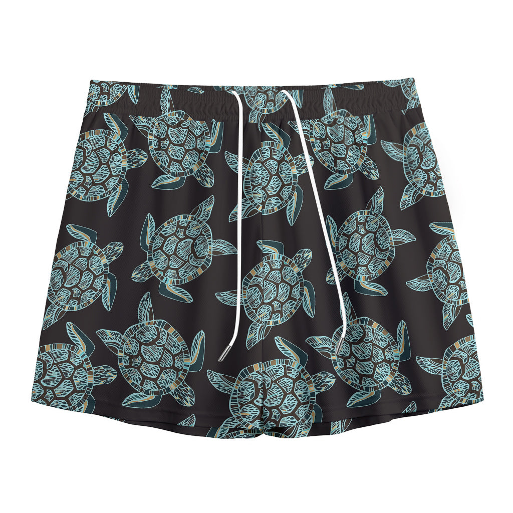 Blue And Black Sea Turtle Pattern Print Mesh Shorts