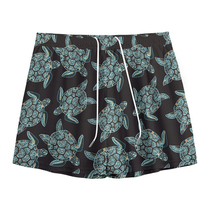 Blue And Black Sea Turtle Pattern Print Mesh Shorts