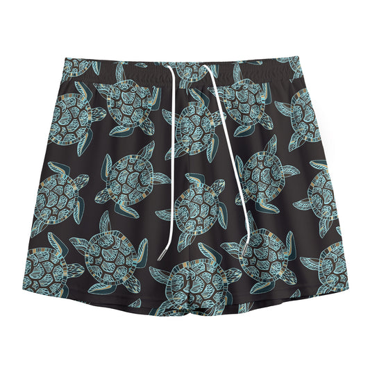 Blue And Black Sea Turtle Pattern Print Mesh Shorts