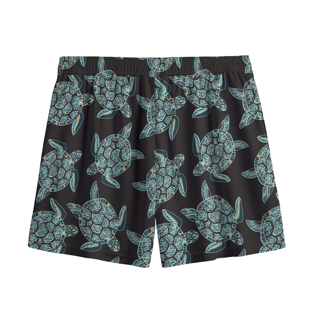 Blue And Black Sea Turtle Pattern Print Mesh Shorts