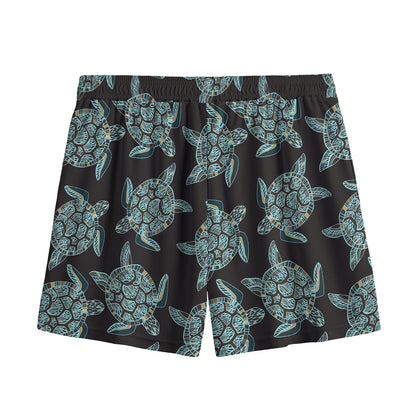 Blue And Black Sea Turtle Pattern Print Mesh Shorts