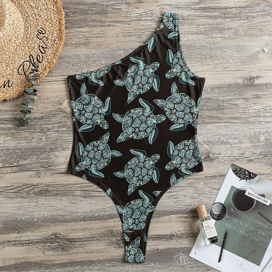 Blue And Black Sea Turtle Pattern Print One Shoulder Bodysuit