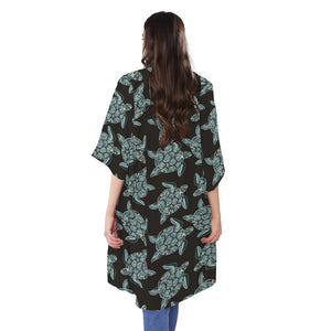 Blue And Black Sea Turtle Pattern Print Open Front Beach Cover Up