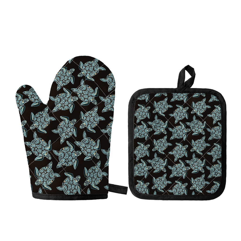 Blue And Black Sea Turtle Pattern Print Oven Mitt And Pot Holder Set