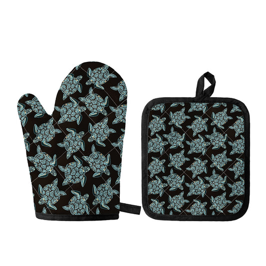 Blue And Black Sea Turtle Pattern Print Oven Mitt And Pot Holder Set