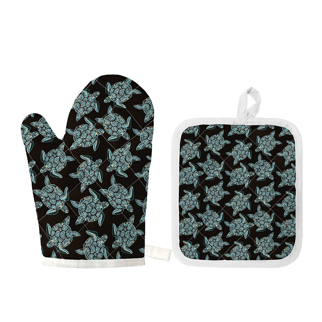 Blue And Black Sea Turtle Pattern Print Oven Mitt And Pot Holder Set