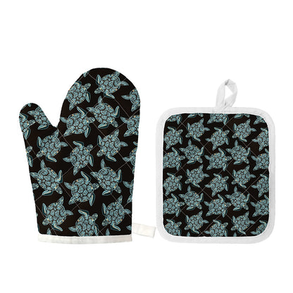 Blue And Black Sea Turtle Pattern Print Oven Mitt And Pot Holder Set