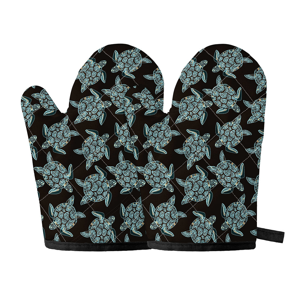 Blue And Black Sea Turtle Pattern Print Oven Mitts