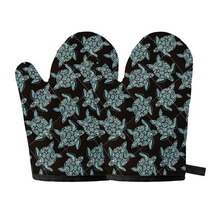 Blue And Black Sea Turtle Pattern Print Oven Mitts