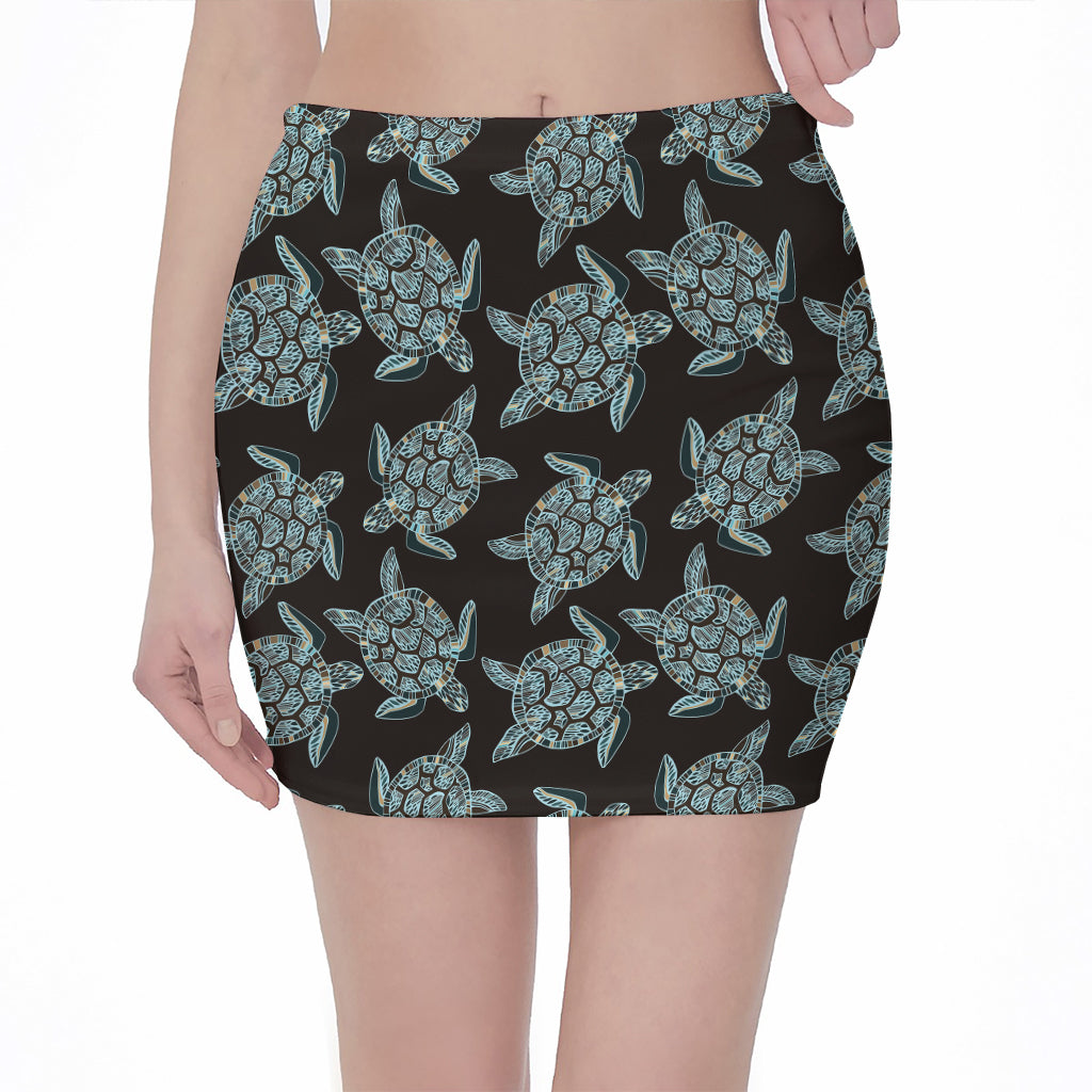 Blue And Black Sea Turtle Pattern Print Pencil Mini Skirt