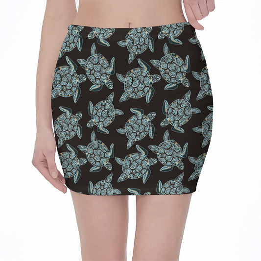 Blue And Black Sea Turtle Pattern Print Pencil Mini Skirt