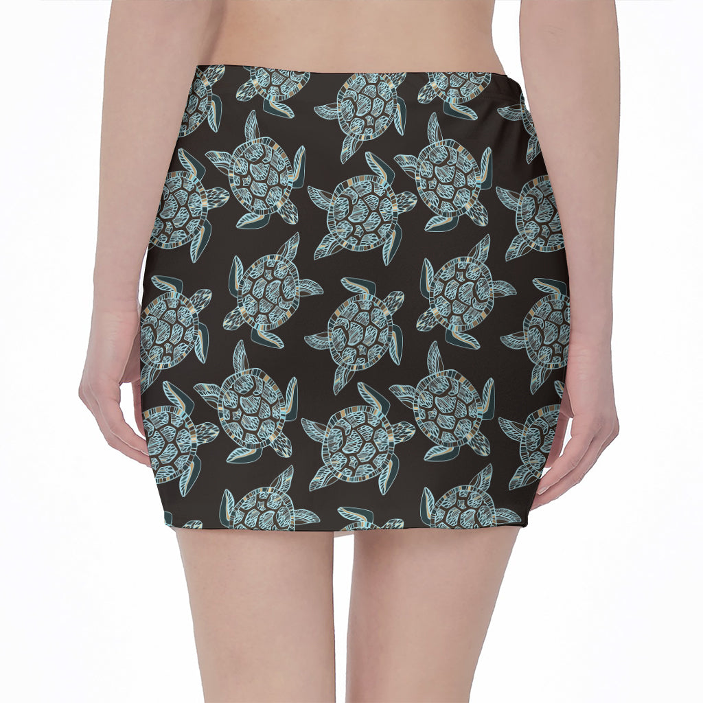 Blue And Black Sea Turtle Pattern Print Pencil Mini Skirt