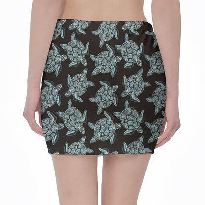 Blue And Black Sea Turtle Pattern Print Pencil Mini Skirt