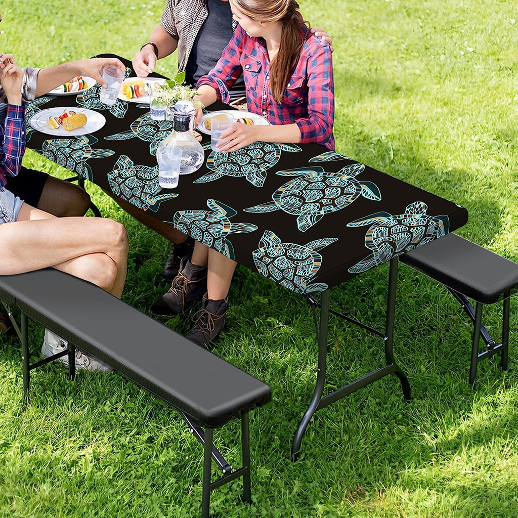 Blue And Black Sea Turtle Pattern Print Picnic Table Cover