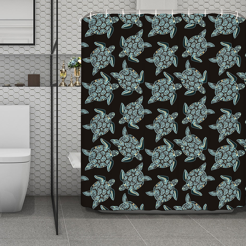 Blue And Black Sea Turtle Pattern Print Polyester Shower Curtain