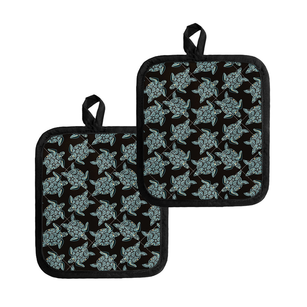 Blue And Black Sea Turtle Pattern Print Pot Holders