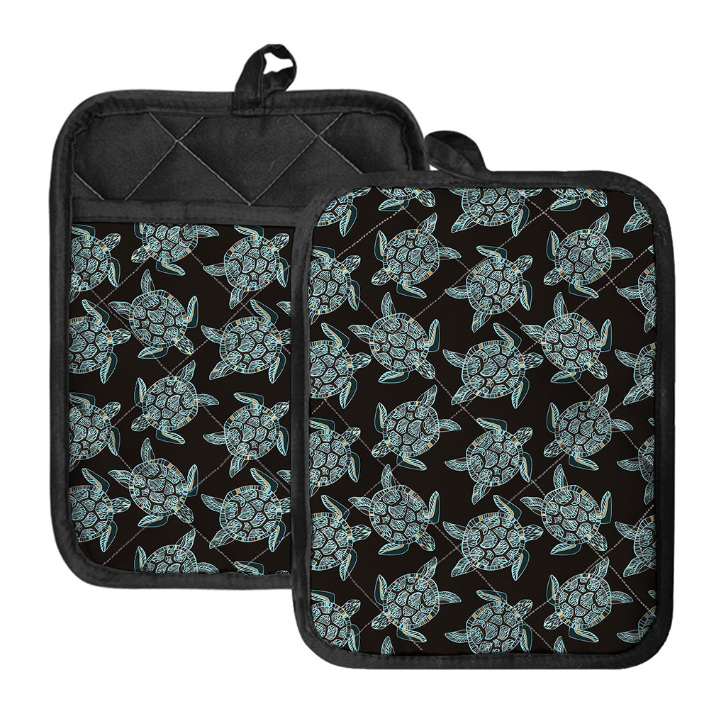 Blue And Black Sea Turtle Pattern Print Pot Holders With Pocket