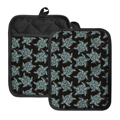 Blue And Black Sea Turtle Pattern Print Pot Holders With Pocket