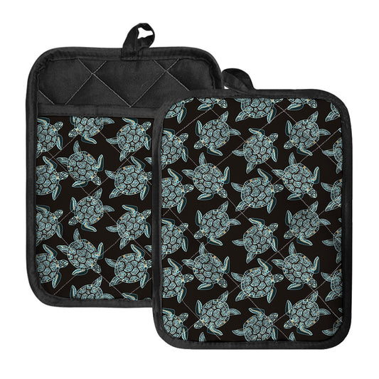 Blue And Black Sea Turtle Pattern Print Pot Holders With Pocket