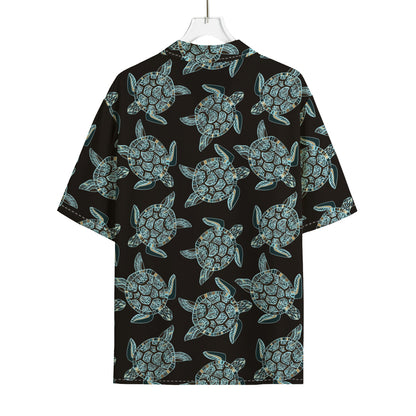 Blue And Black Sea Turtle Pattern Print Rayon Hawaiian Shirt