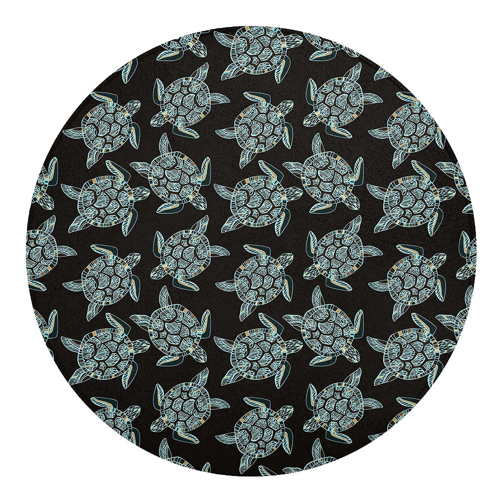 Blue And Black Sea Turtle Pattern Print Round Blanket
