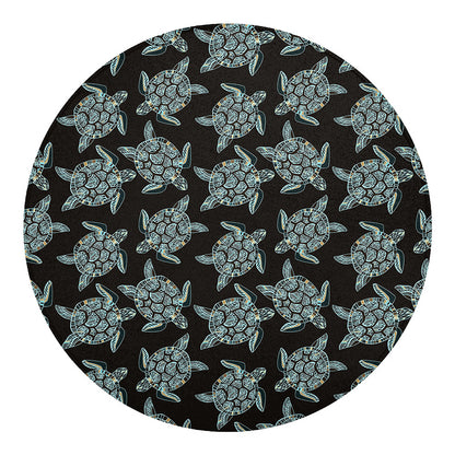 Blue And Black Sea Turtle Pattern Print Round Blanket