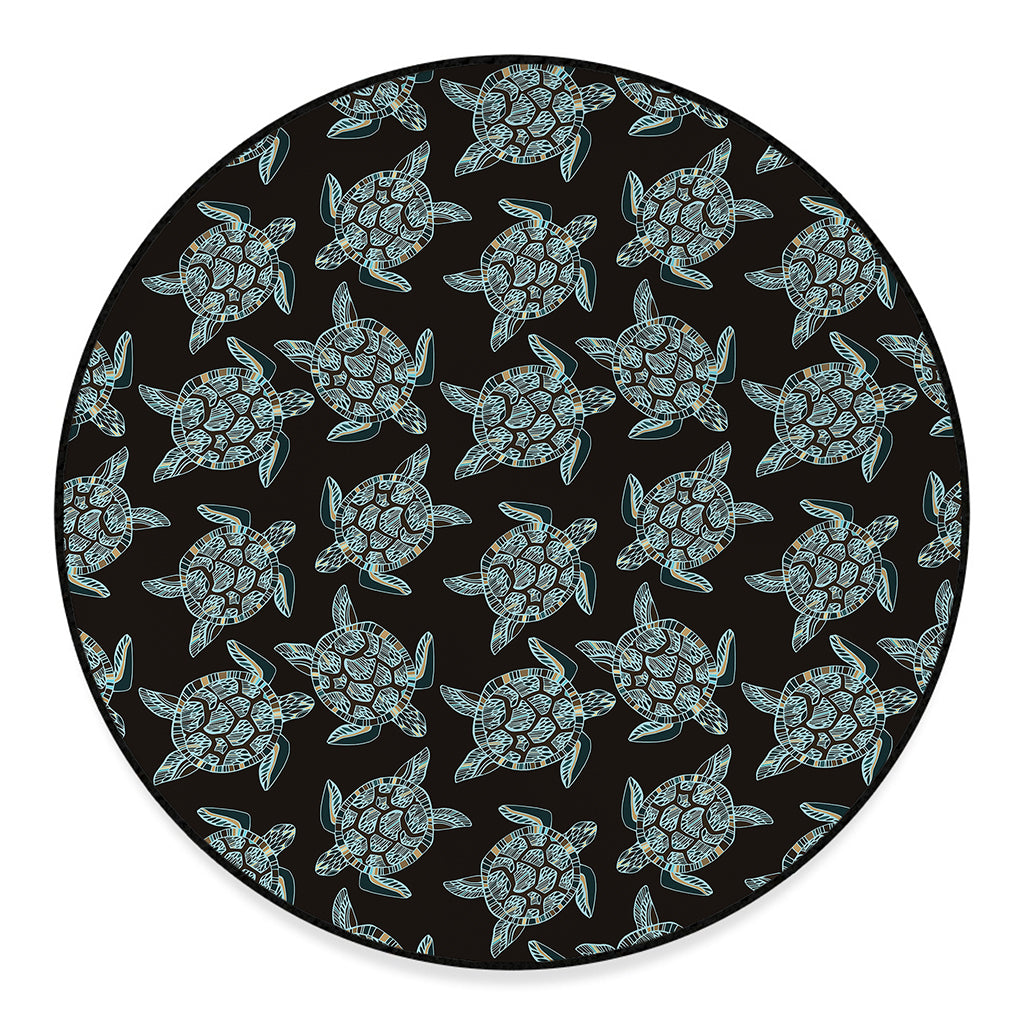 Blue And Black Sea Turtle Pattern Print Round Floor Mat