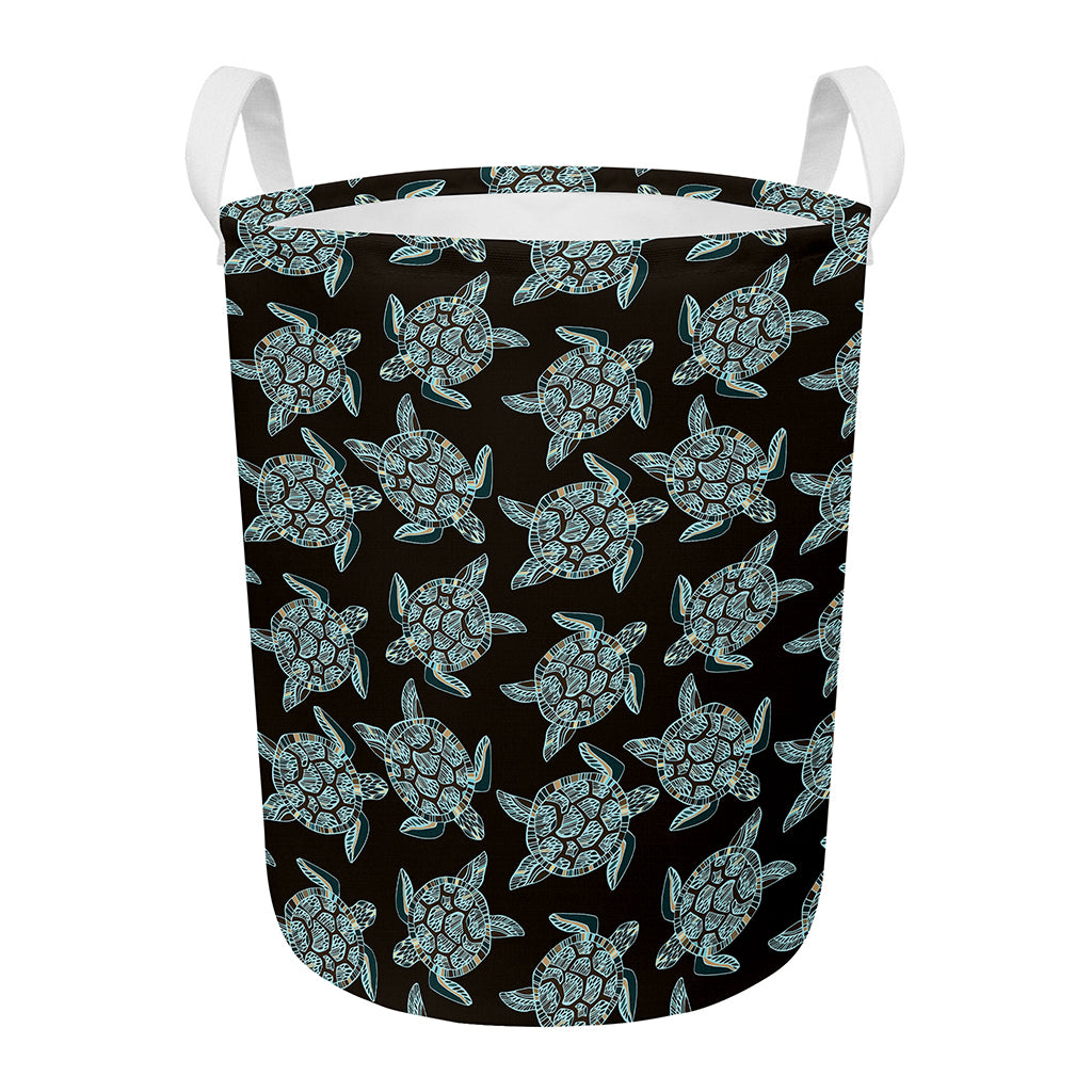 Blue And Black Sea Turtle Pattern Print Round Laundry Basket